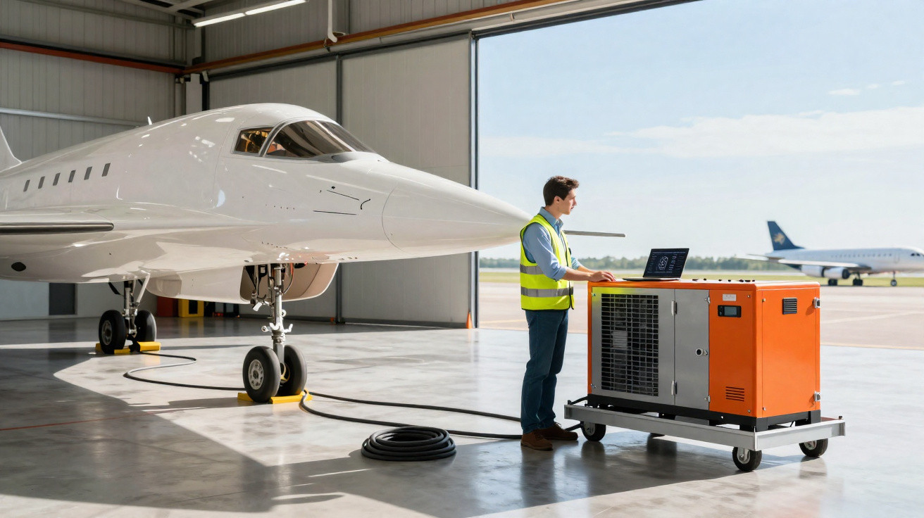 Homme en gilet réfléchissant travaillant sur un ordinateur près d’un jet privé dans un hangar d’aéroport.