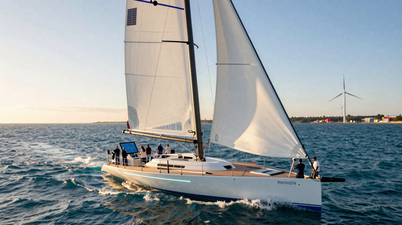 Voilier blanc avec voile déployée naviguant sur une mer calme près d'une côte avec éolienne en arrière-plan.