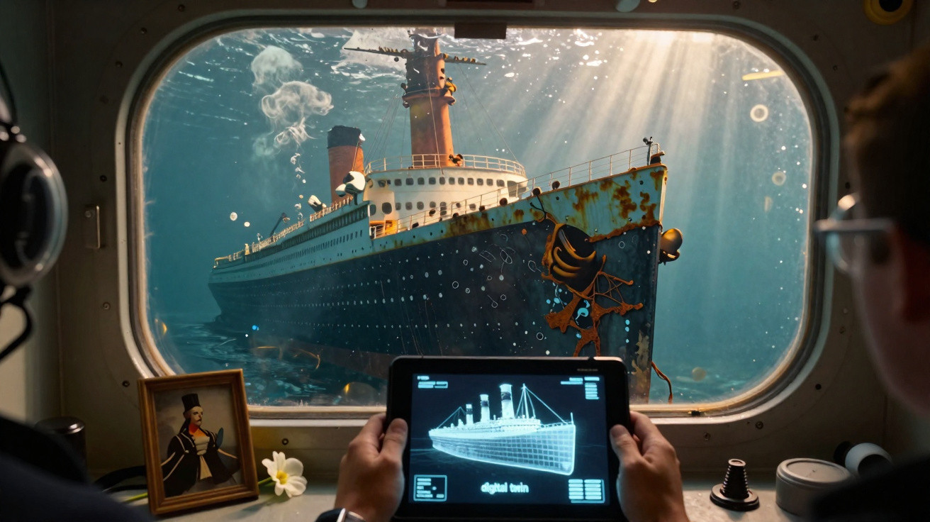 Vue sous-marine d'un grand paquebot rouillé, observé depuis l'intérieur d'un sous-marin avec une tablette numérique.