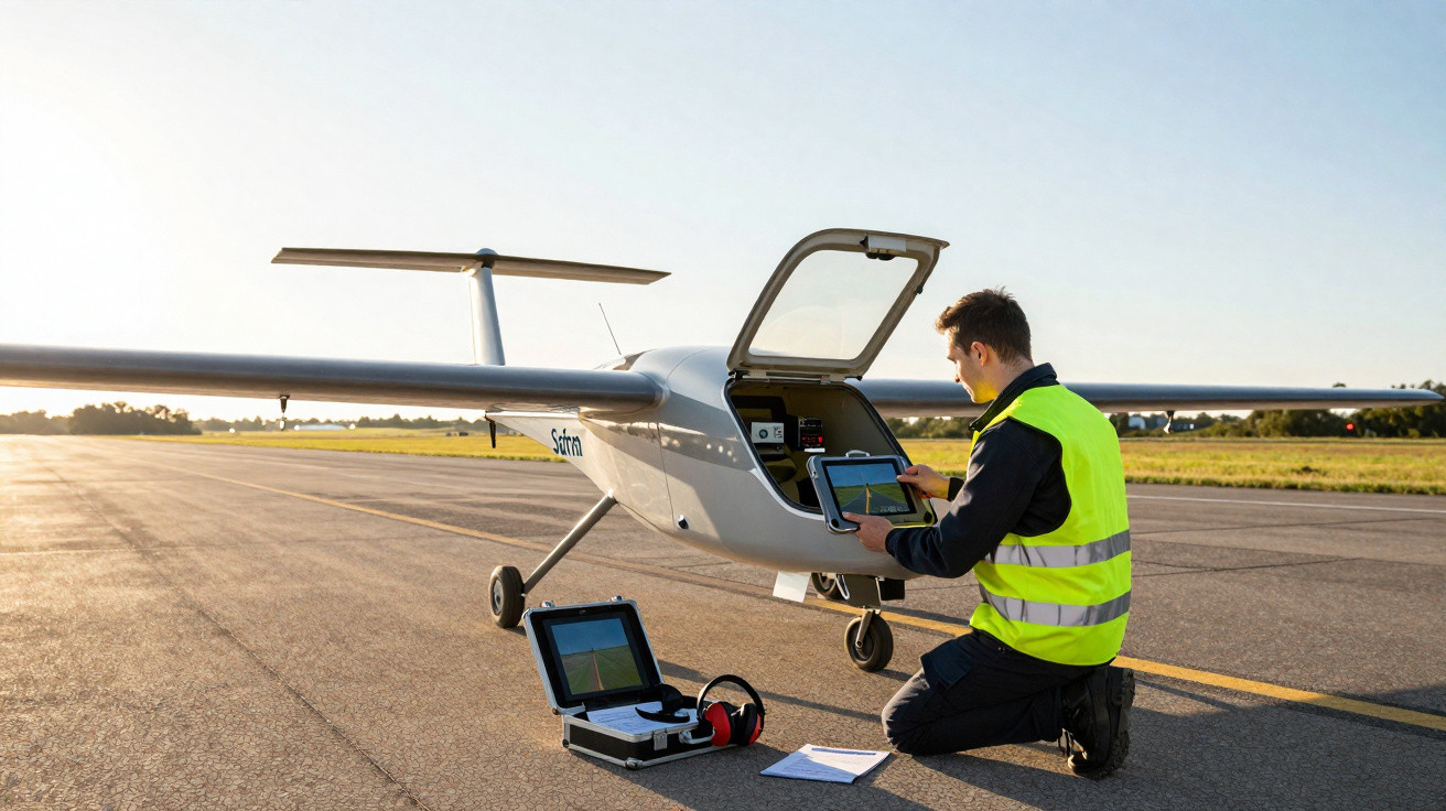 Technicien en gilet jaune travaillant sur un drone blanc au sol sur une piste d'aviation, au coucher du soleil.