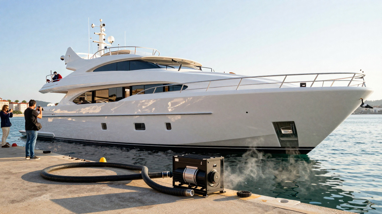 Yacht blanc amarré au quai, entouré de trois personnes prenant des photos au soleil couchant.