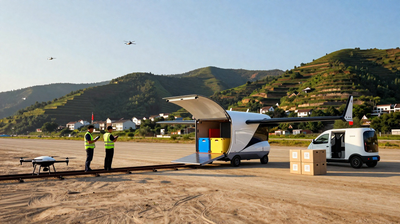 Deux techniciens préparent un avion de livraison autonome près de drones et véhicules électriques sur une piste en campagne.