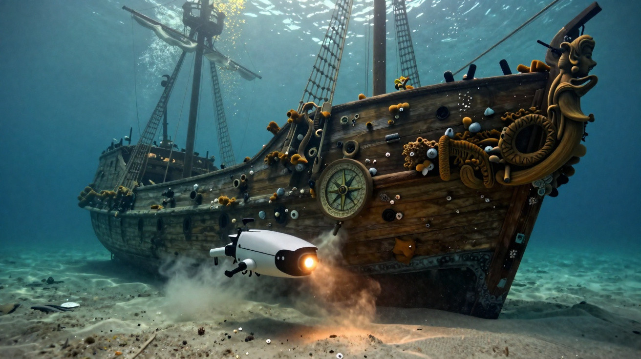 Épave d'un ancien navire en bois sous-marin explorée par un drone submersible éclairant le sable.