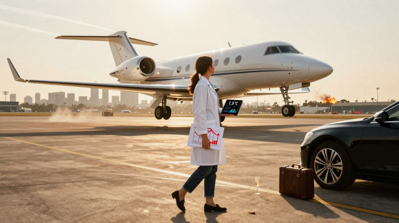 Femme en blouse blanche avec graphiques, tablette devant jet privé et voiture sur piste d’aéroport au coucher du soleil.