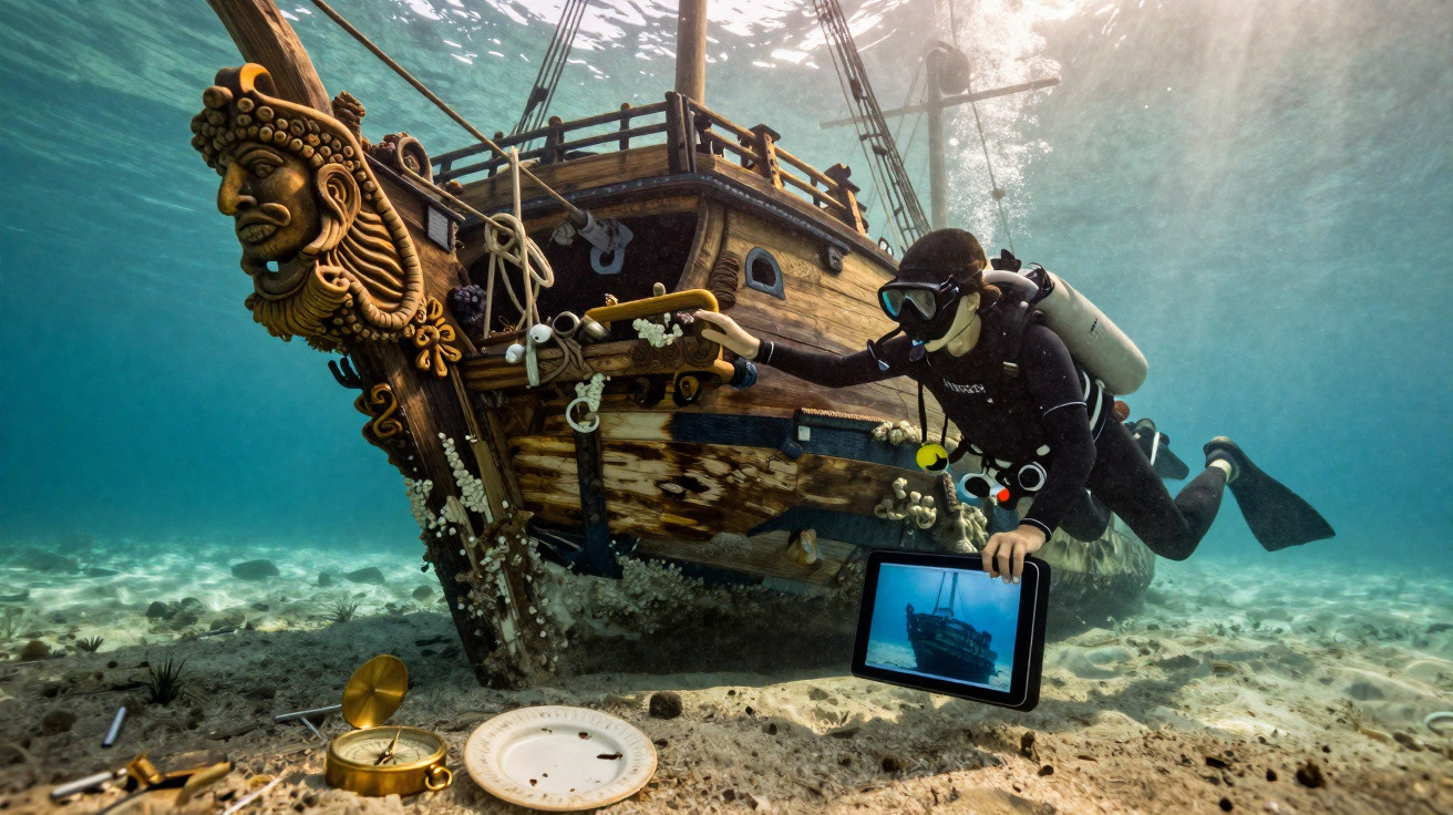 Plongeur explore une épave de vieux navire avec tablette sous-marine et objets anciens sur le sable.