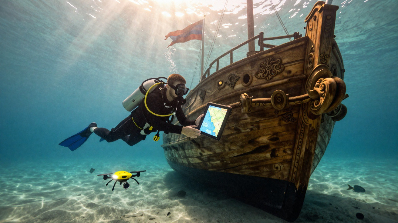 Plongeur équipé avec tablette explore une épave de bateau en bois sous-marine avec un drone jaune près du sable.