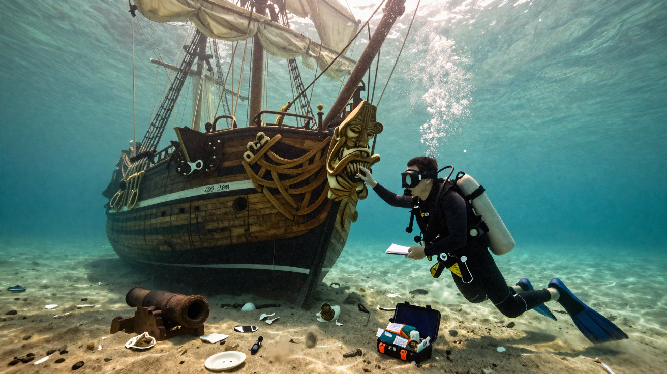 Plongeur en scaphandre explorant une épave de bateau pirate sous-marin avec des objets éparpillés autour.