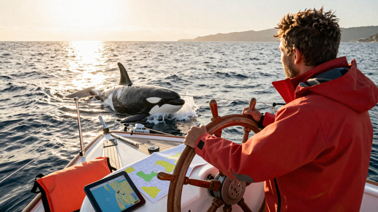 Un homme en ciré rouge pilote un bateau près d’une orque nageant à la surface de l’océan au coucher du soleil.