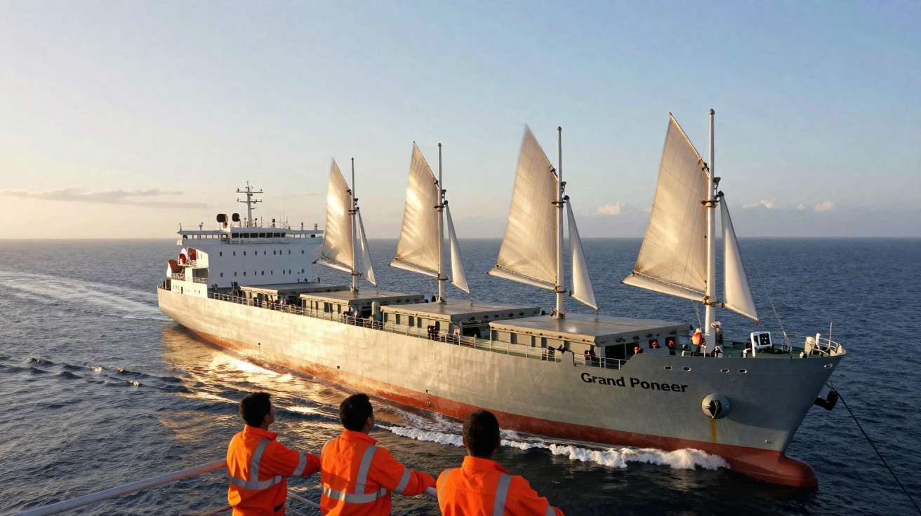 Cargo à voile nommé Grand Pioneer naviguant en mer au coucher du soleil, observé par trois hommes en gilets orange.