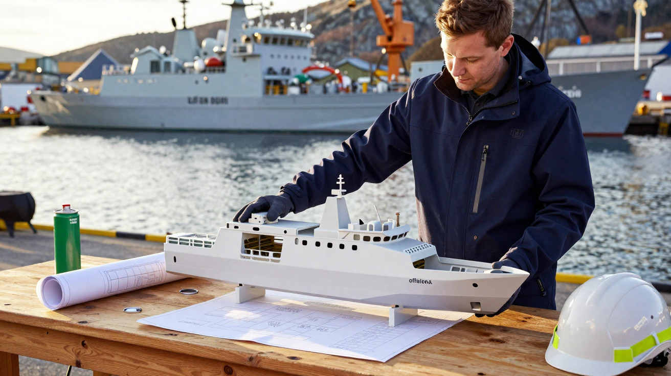 Homme examinant une maquette de bateau sur une table près du port avec un vrai navire en arrière-plan.