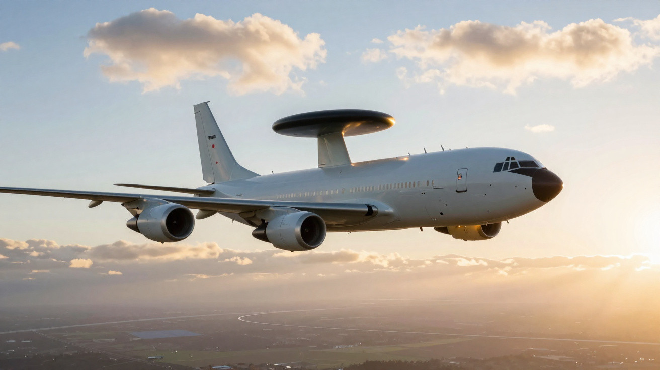 Avion militaire AWACS en vol au coucher du soleil avec ciel partiellement nuageux au-dessus d'un paysage.