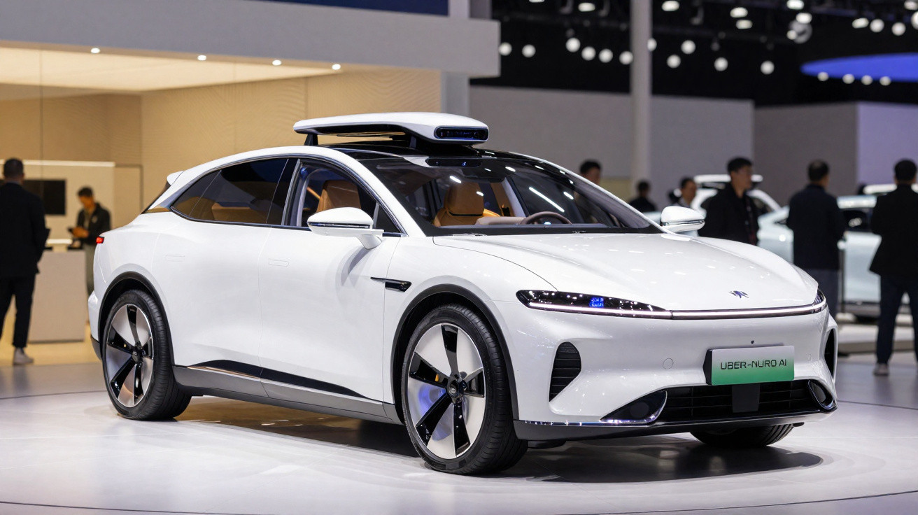 Voiture électrique autonome blanche avec toit capteur exposée lors d'un salon automobile moderne.