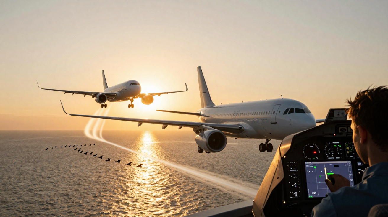 Deux avions en approche au coucher du soleil vus depuis la cabine de pilotage au-dessus de l'océan.