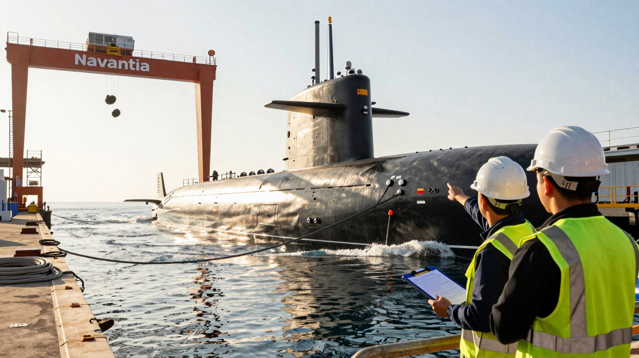 Deux ouvriers en gilets et casques observent un sous-marin noir amarré au port de Navantia.