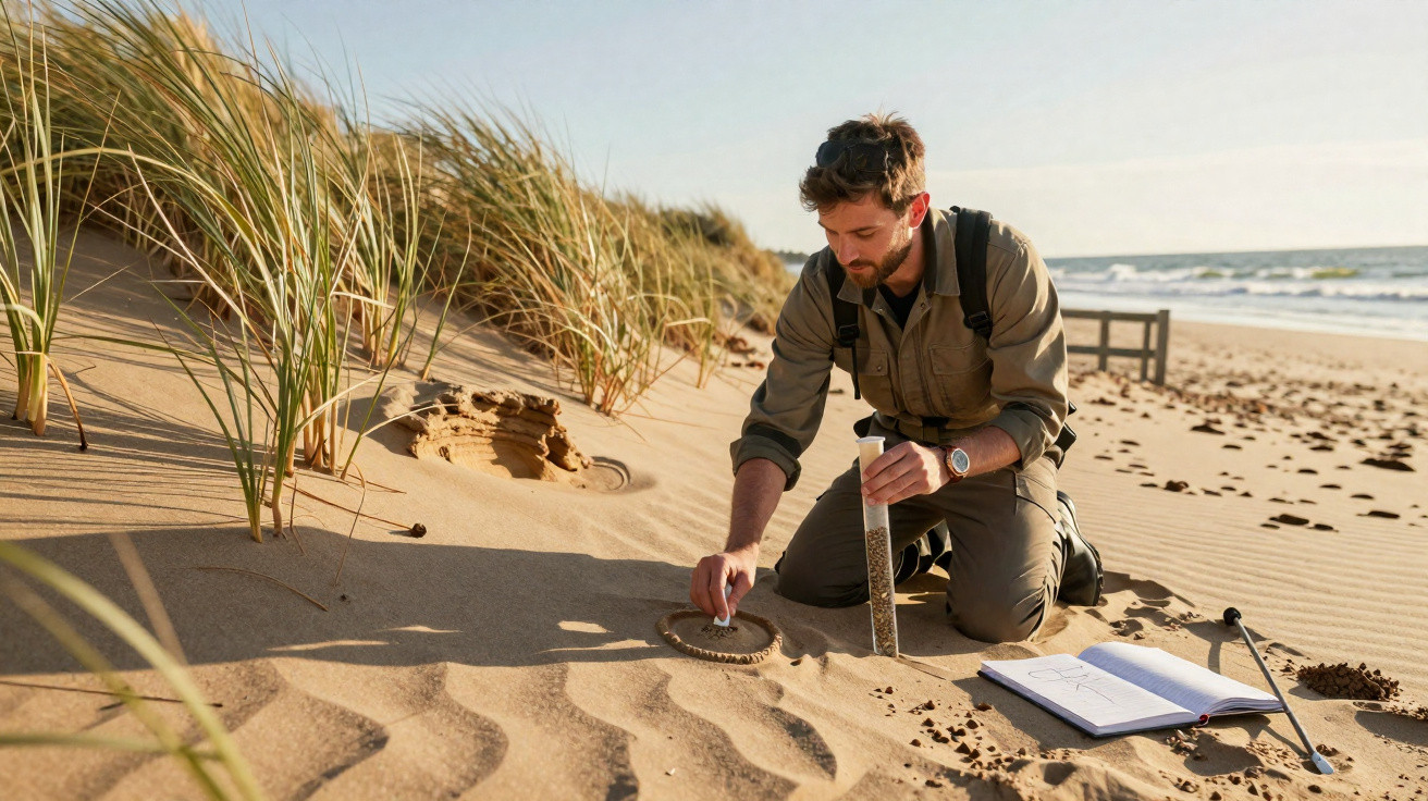 Chercheur en tenue terrain analysant le sable dunaire sur une plage avec carnets et échantillons.