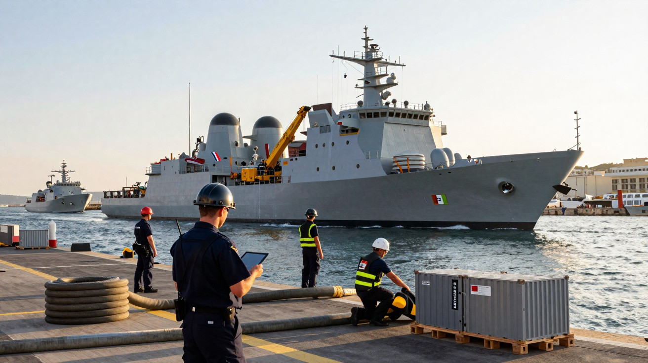 Quatre marins en tenue de travail supervisent les opérations au port devant un bâtiment militaire gris.
