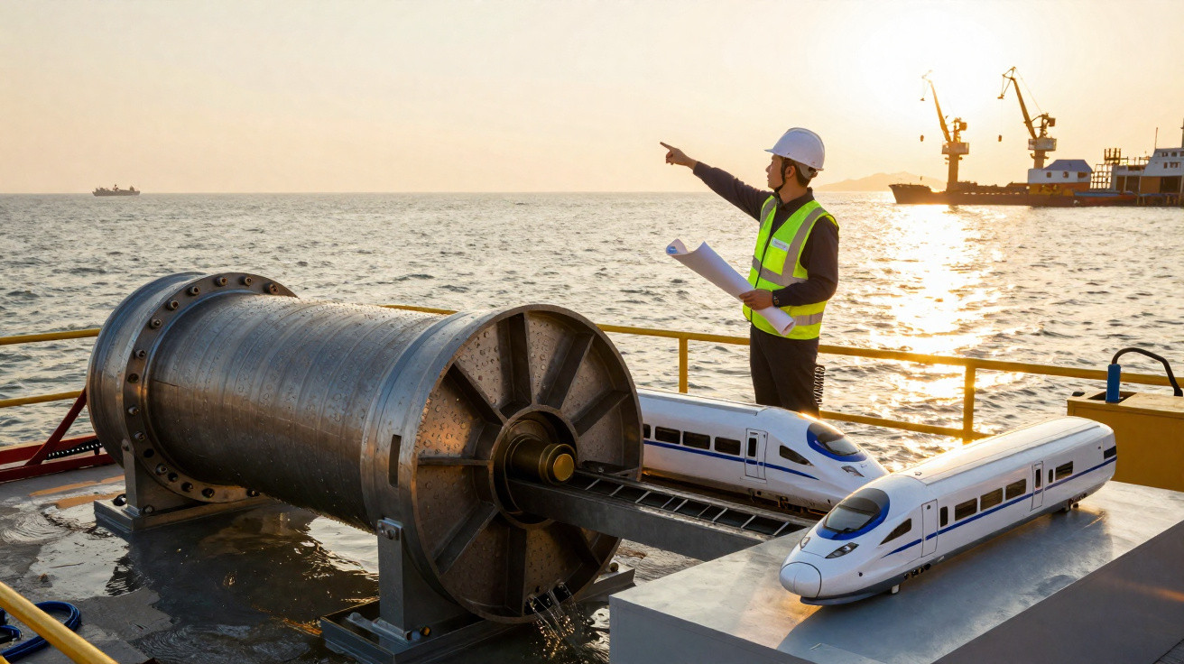 Ingénieur en gilet jaune et casque blanc vérifiant un prototype de train à grande vitesse sur un bateau au coucher du soleil.