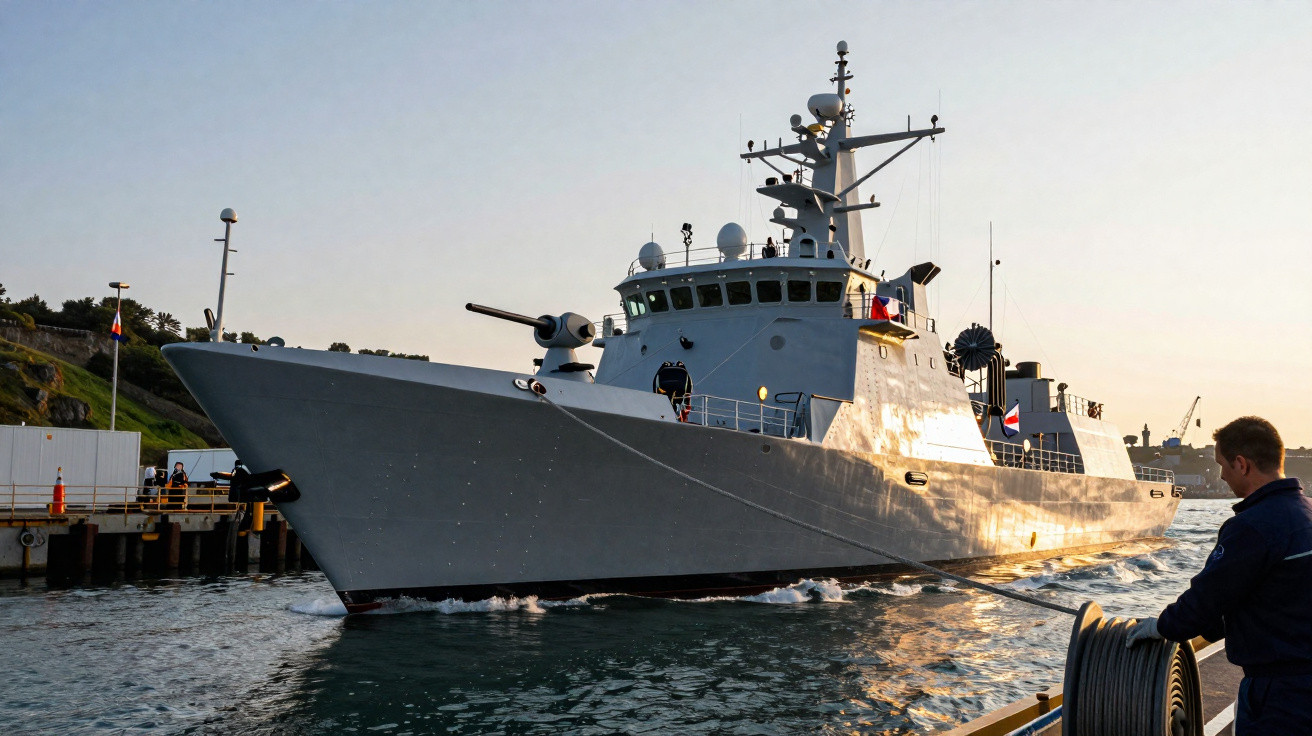 Navire militaire gris amarré dans un port au coucher du soleil avec un homme en tenue bleue à l’avant.
