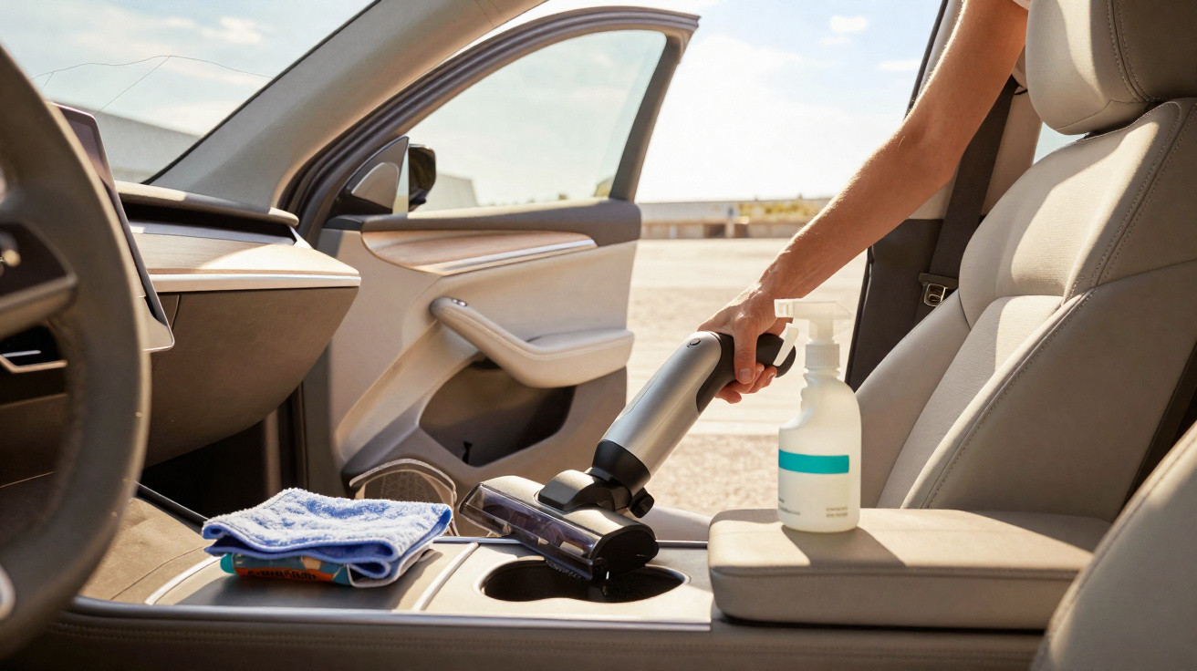 Personne nettoyant l’intérieur d’une voiture avec un aspirateur portable près d’un flacon de désinfectant.