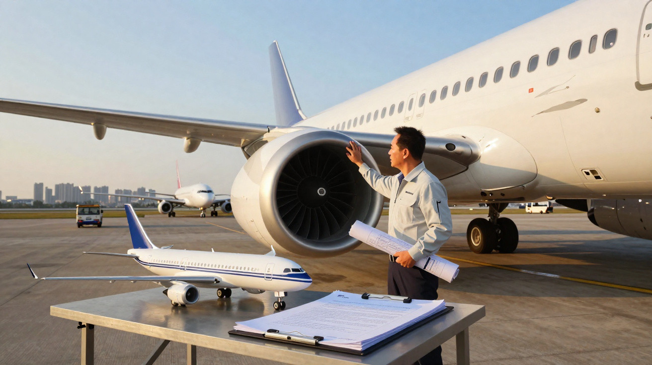 Homme inspectant le moteur d'un avion au sol avec maquette d'avion et documents sur une table devant lui.