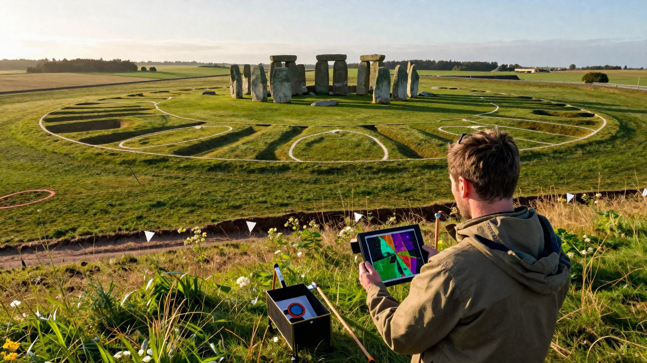 Un homme utilise une tablette pour analyser Stonehenge entouré d’un dessin géométrique sur l’herbe.