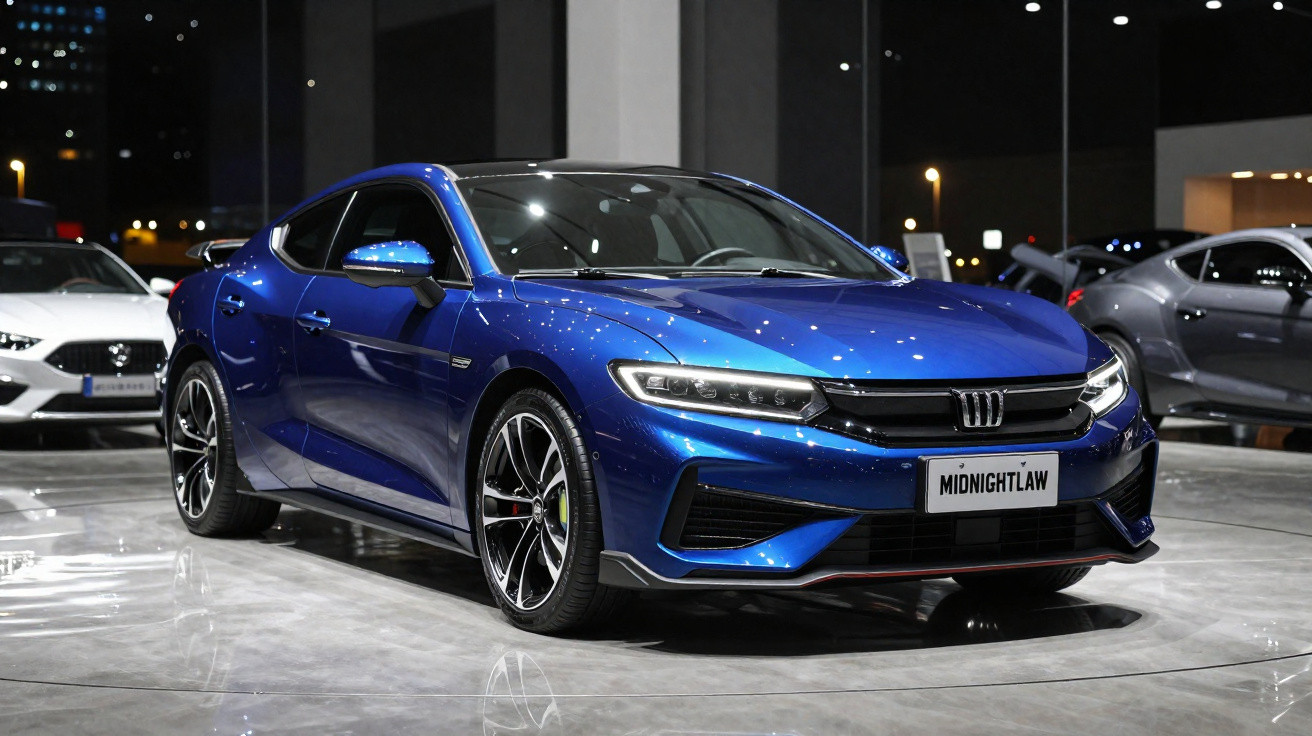 Voiture de sport berline bleue brillante exposée dans un showroom moderne bien éclairé la nuit.