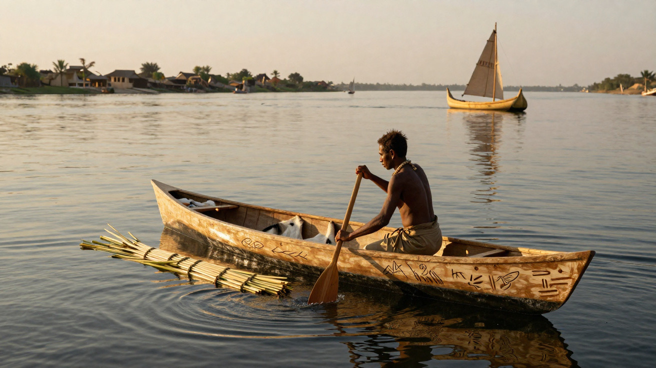 Homme pagayant dans une pirogue gravée sur un fleuve calme au coucher du soleil, avec un voilier en arrière-plan.
