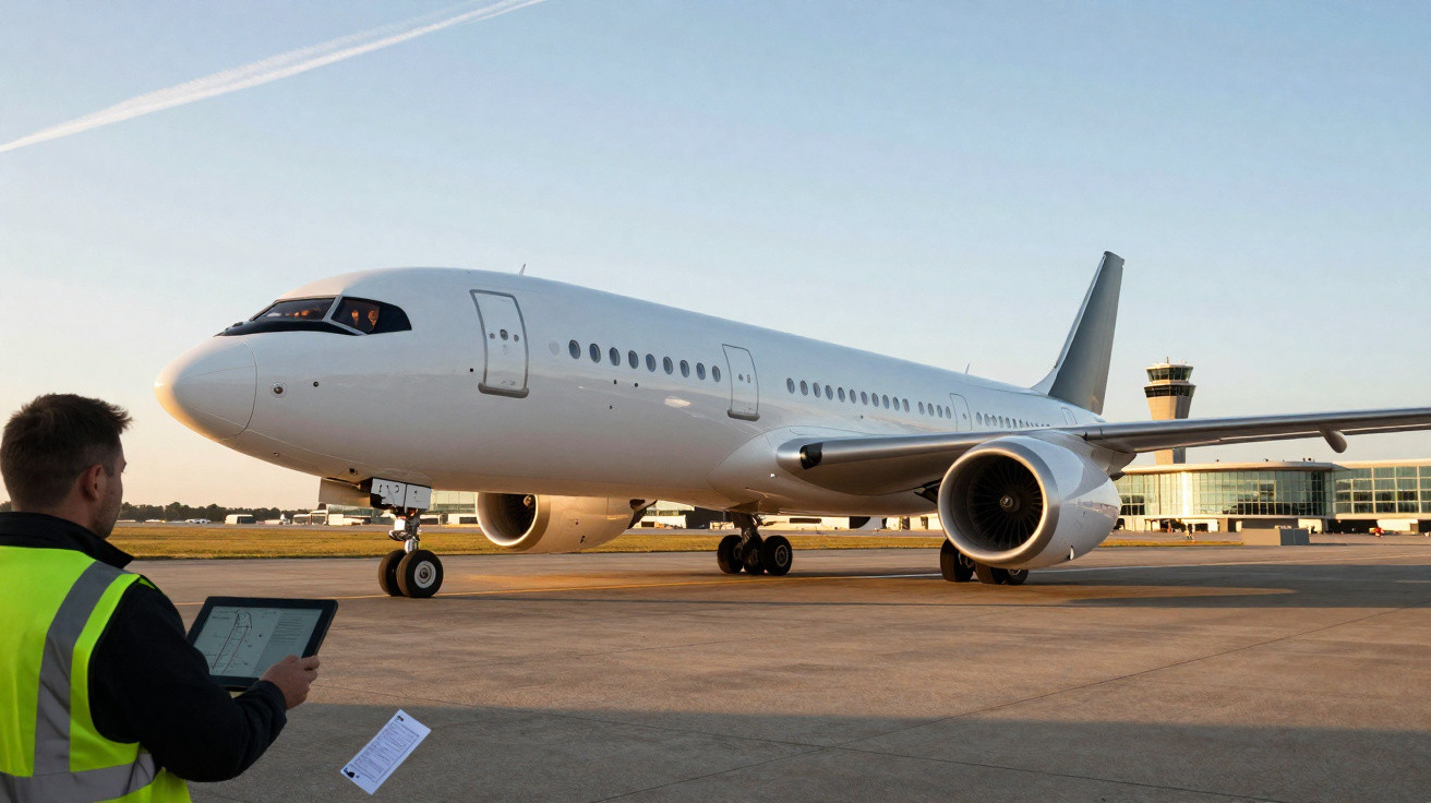 Avion blanc au sol avec un agent au gilet réfléchissant tenant une tablette sur le tarmac d’un aéroport.