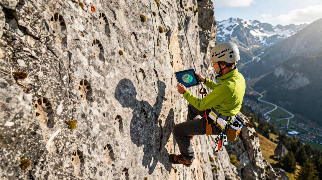 Grimpeur équipé d’un casque suspendu à une paroi rocheuse, utilisant une tablette en pleine montagne.