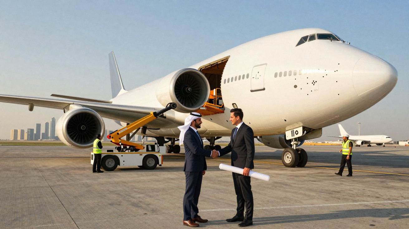Deux hommes d'affaires se serrent la main devant un gros avion de transport sur le tarmac d'un aéroport.