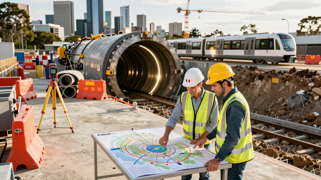 Deux ingénieurs en casque et gilet réfléchissent devant un plan sur un chantier de tunnel avec un métro en arrière-plan.