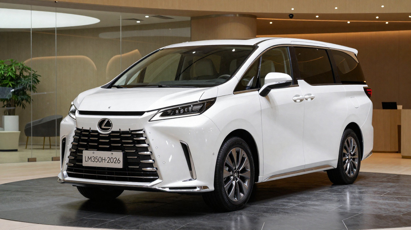 Monospace Lexus blanc moderne exposé dans un hall intérieur avec grandes vitres et sol en marbre.