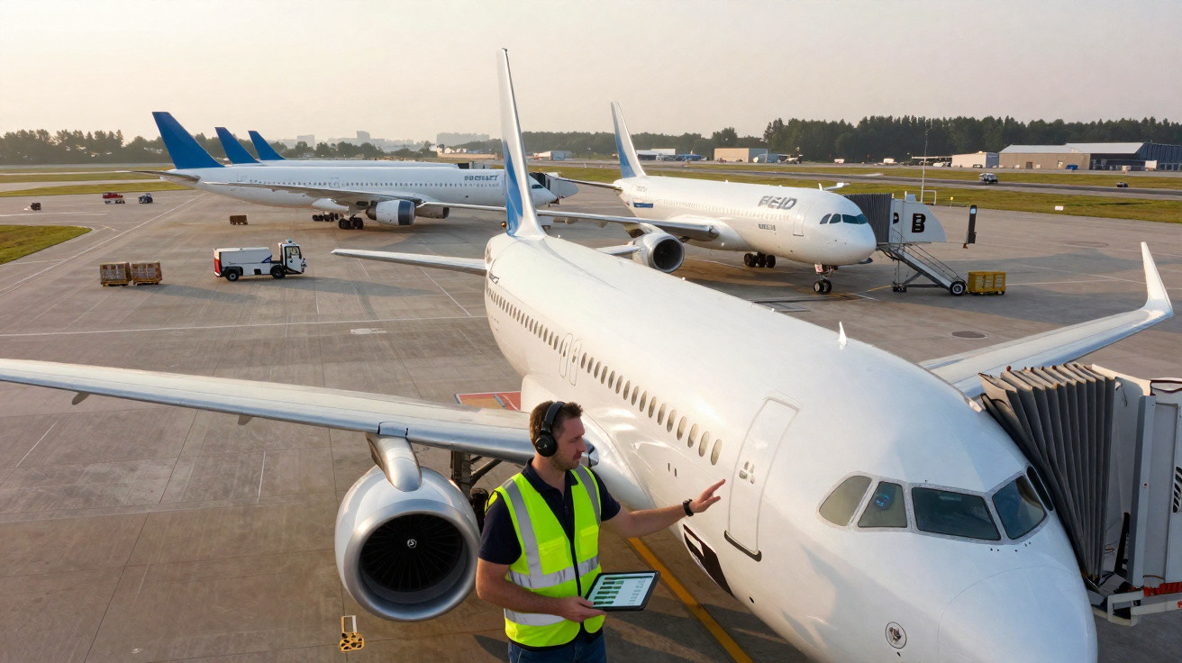 Agent au sol avec gilet réfléchissant et tablette près d’un avion blanc sur le tarmac d’un aéroport au coucher du soleil.