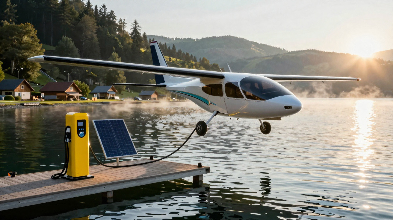 Avion électrique en train de se recharger sur une station au bord d'un lac au lever du soleil.