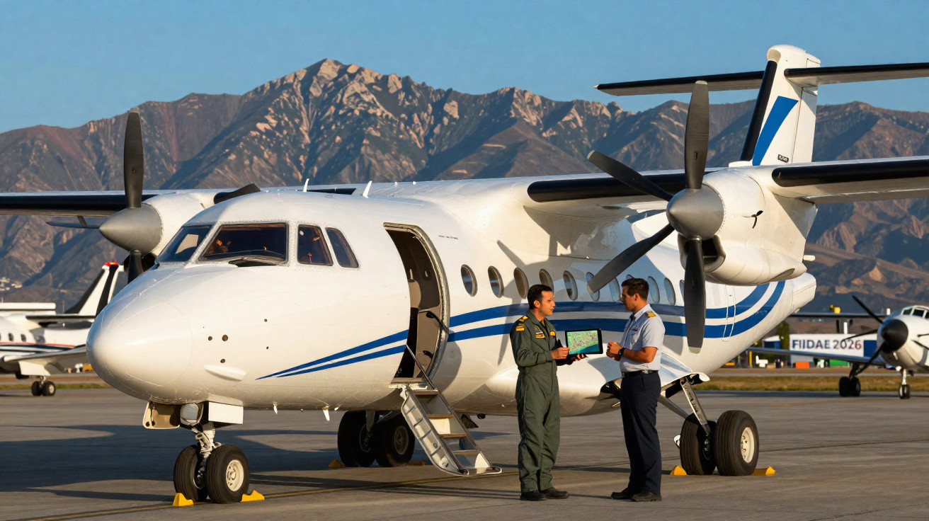 Avion blanc à deux hélices au sol avec deux hommes en uniforme discutant devant, montagnes en arrière-plan.
