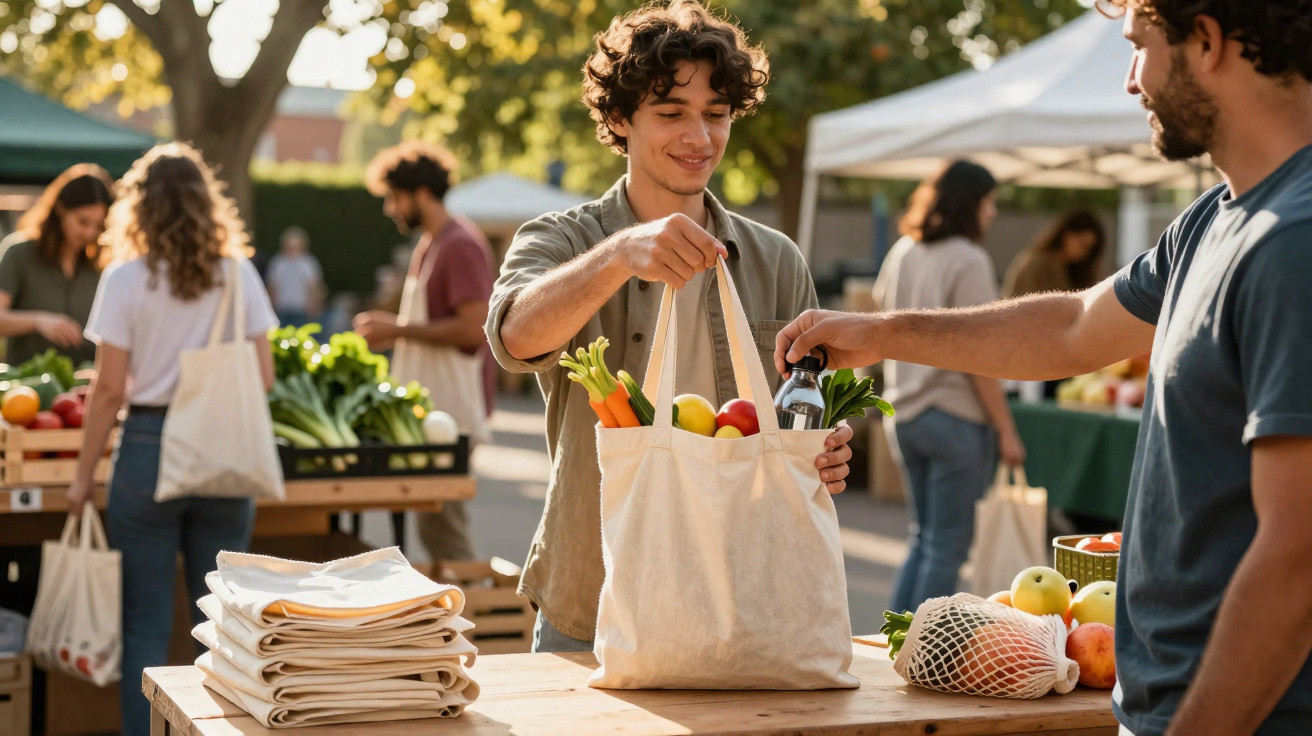 Jeune homme achetant des fruits et légumes biologiques dans un marché en plein air sous le soleil.