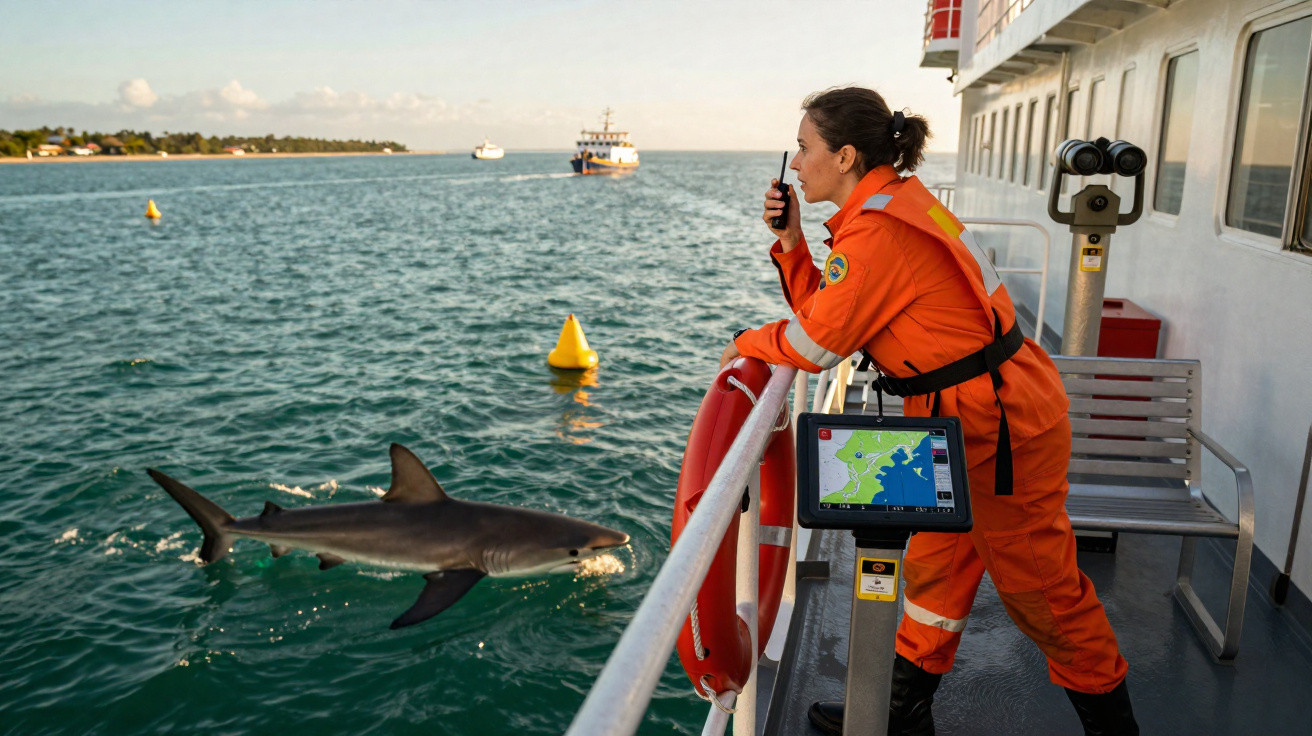 Personne en combinaison orange sur bateau surveillant un requin nageant près de la surface.