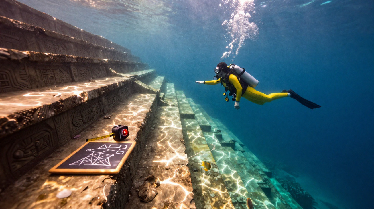 Plongeur en combinaison jaune explore un site sous-marin avec des escaliers anciens et un tableau de dessin géométrique.