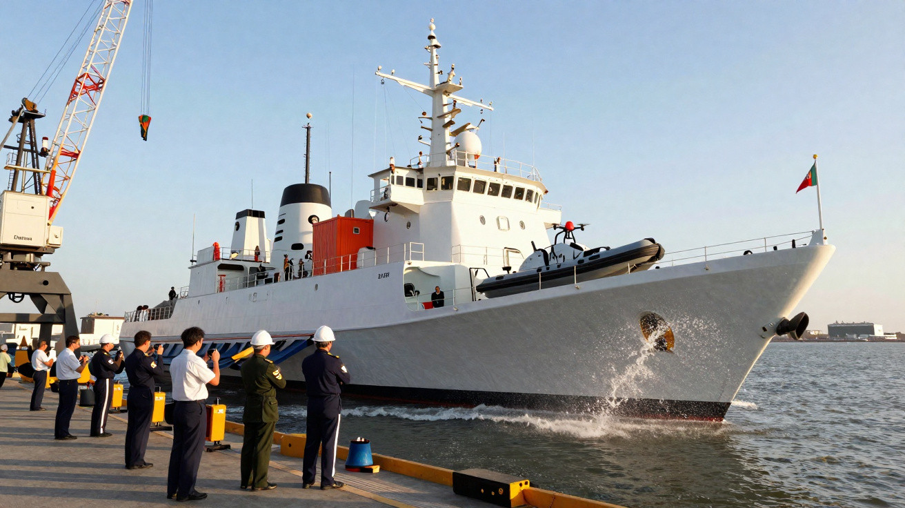 Navire militaire blanc amarré au quai avec des marins en uniforme observant et prenant des photos.