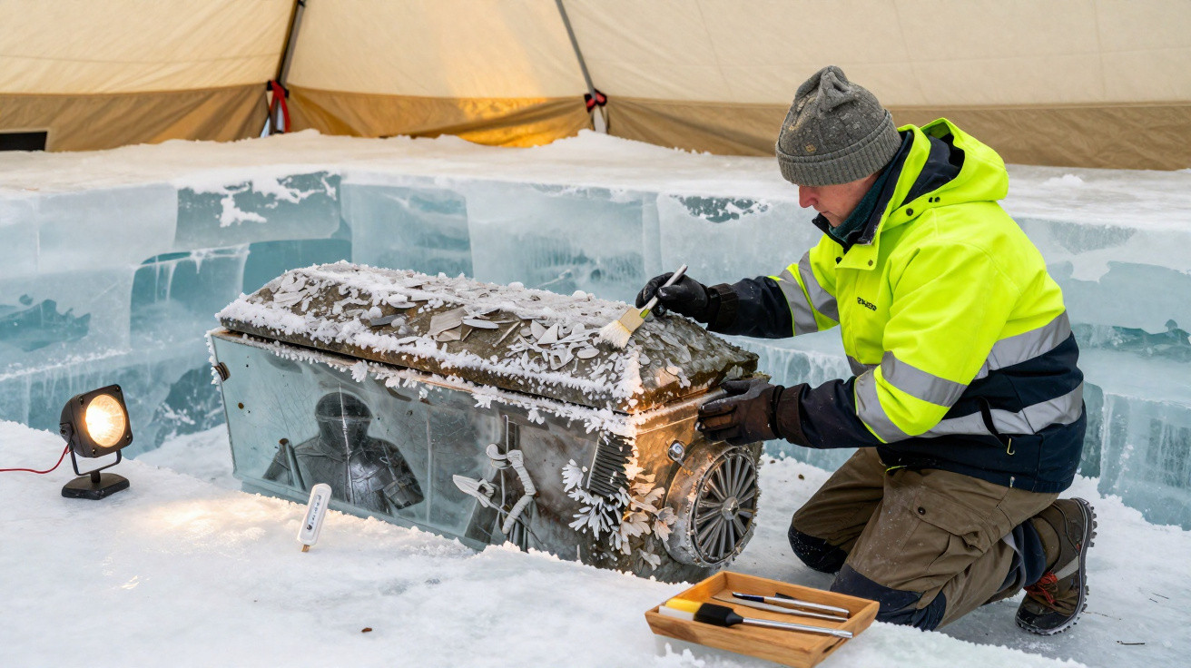 Un homme en tenue hivernale restaure délicatement un cercueil de glace orné dans une structure de glace.