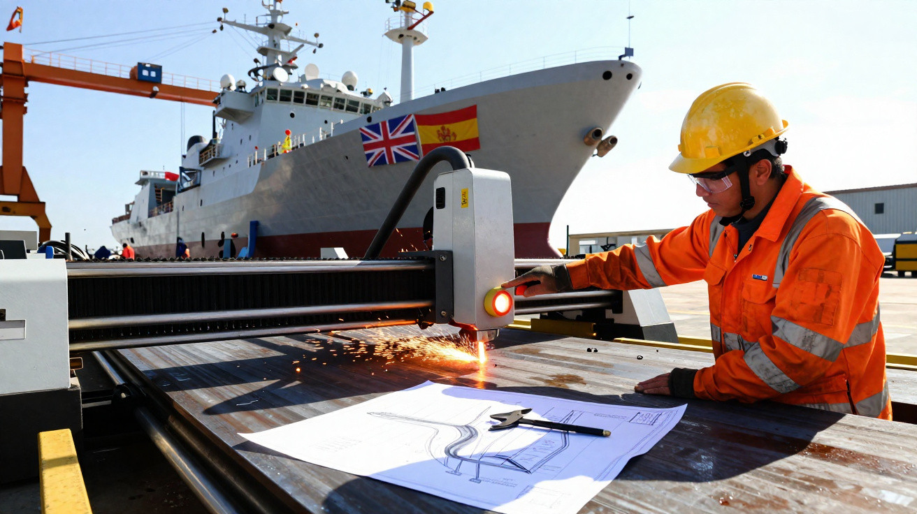 Ouvrier en casque jaune utilisant une machine de découpe près d’un navire militaire gris aux drapeaux britannique et espagnol