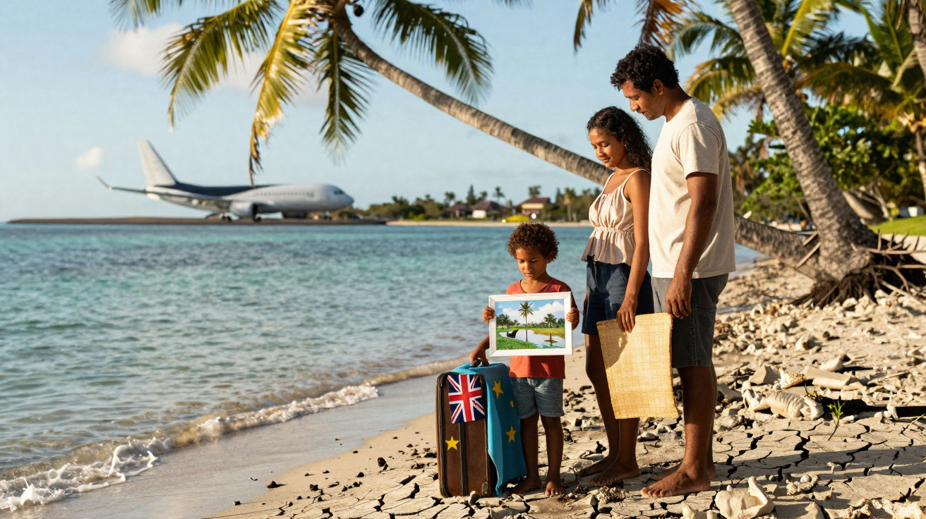 Famille avec valises sur une plage tropicale, un avion en arrière-plan et des palmiers au bord de l'eau.