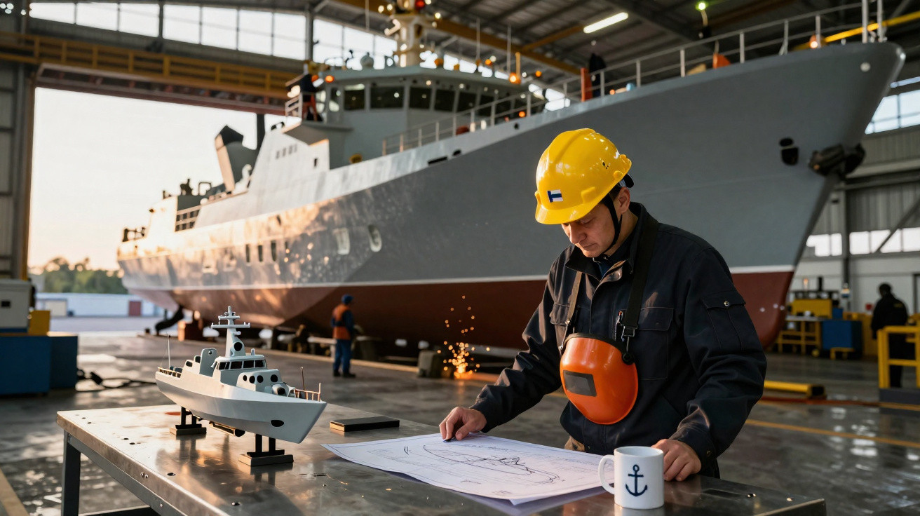 Ingénieur en casque jaune examinant plans de navire avec maquette, grand navire militaire en chantier derrière.