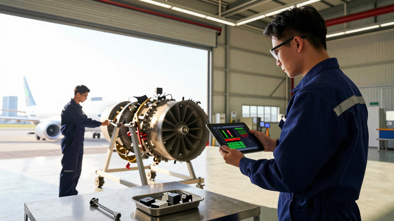 Deux techniciens en combinaison bleue inspectent un moteur d’avion dans un hangar lumineux.