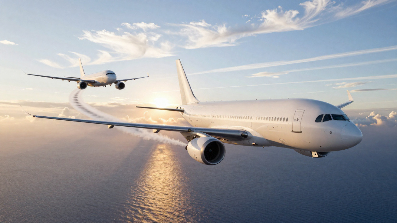 Deux avions de ligne blancs volant au-dessus de l'océan au coucher du soleil avec traces de condensation.