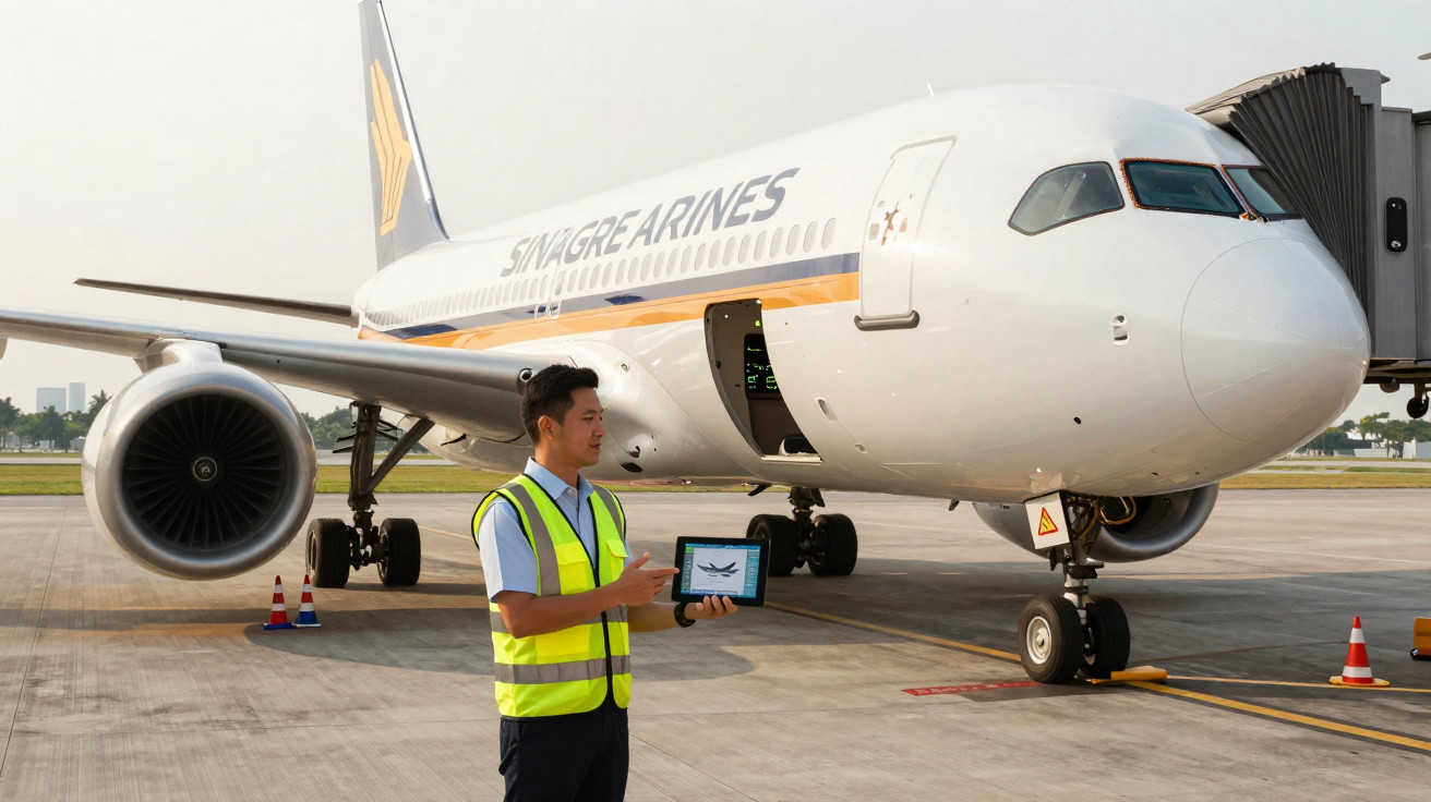 Agent au gilet jaune tenant une tablette devant un avion blanc garé sur le tarmac d'un aéroport.