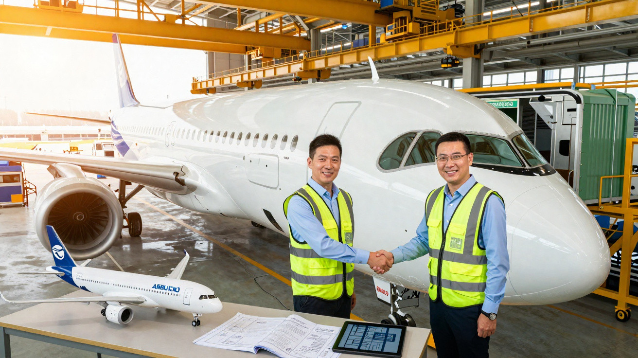 Deux techniciens en gilets réfléchissants se serrent la main devant un avion en hangar et une maquette d'avion.