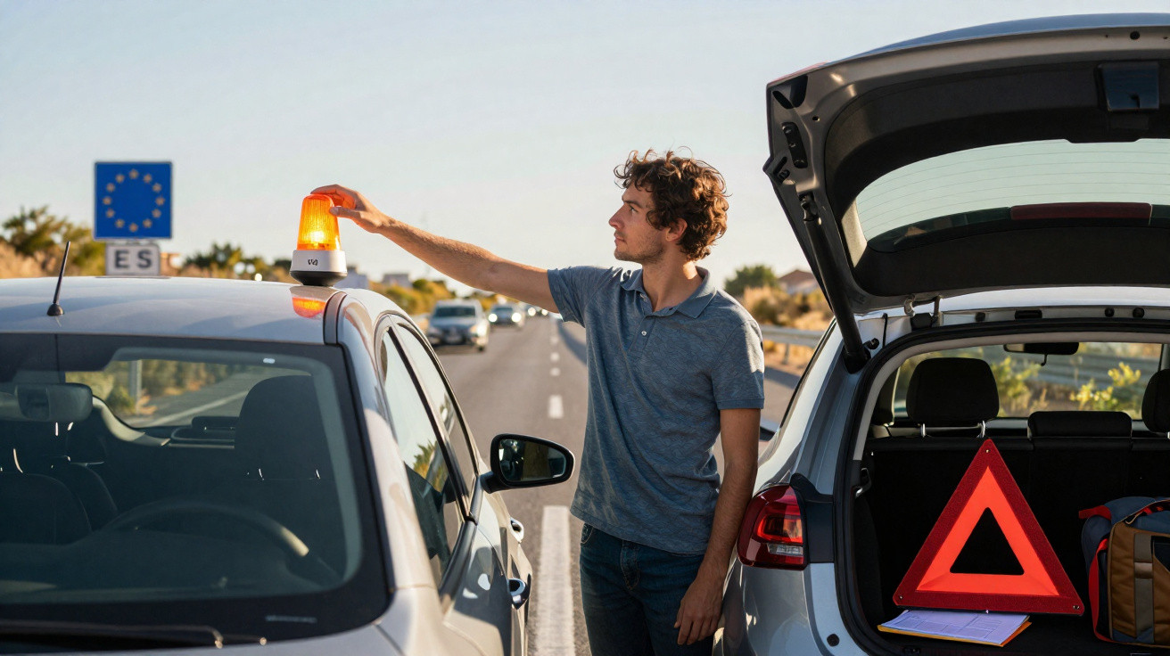Homme posant un triangle de signalisation sur une voiture en panne au bord d’une route sous un panneau européen.