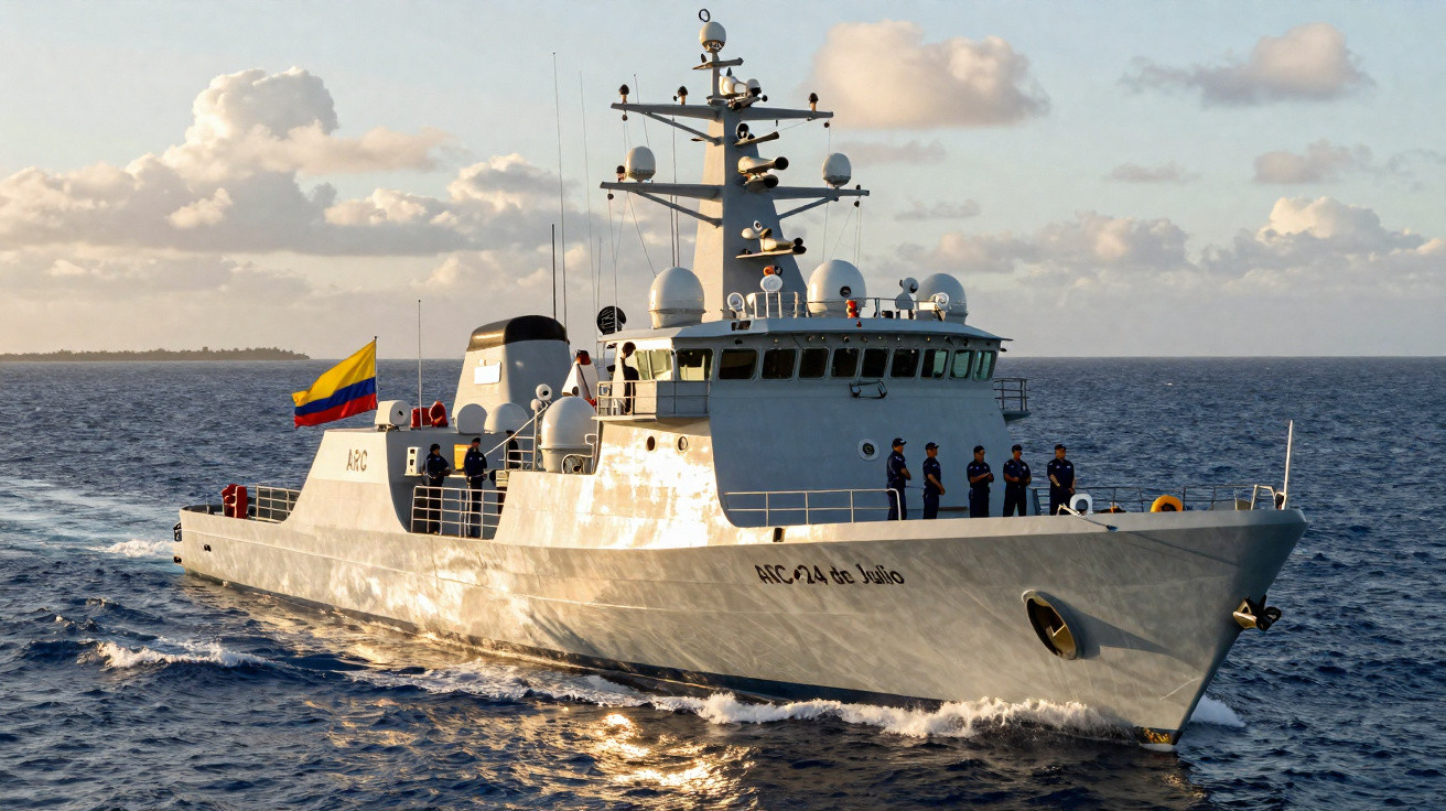Navire militaire avec équipage et drapeau colombien naviguant sur une mer calme sous un ciel nuageux.