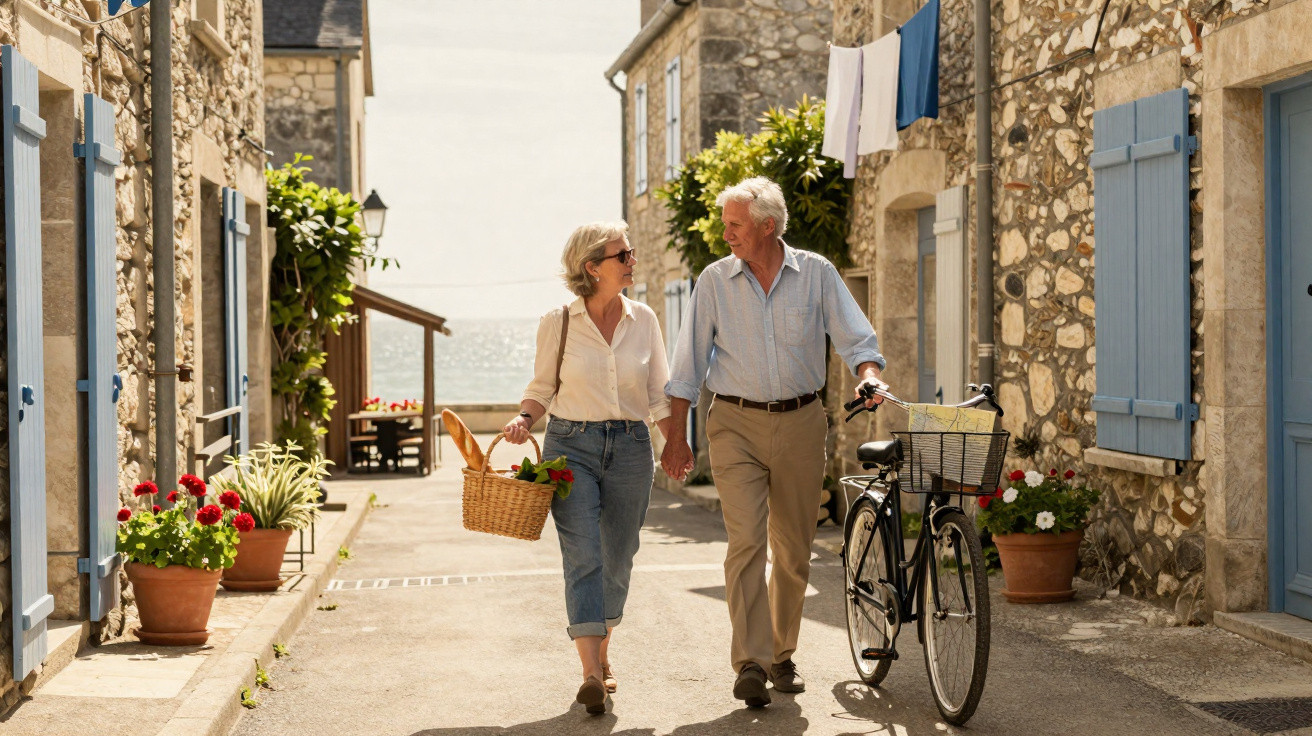 Couple de seniors marchant main dans la main dans une ruelle pittoresque près de la mer, homme avec un vélo.